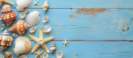 Wall Mural - A flat lay image with seashells and a starfish on a blue wooden surface, providing a top view and space for incorporating products, conveying a summer theme. copy space available