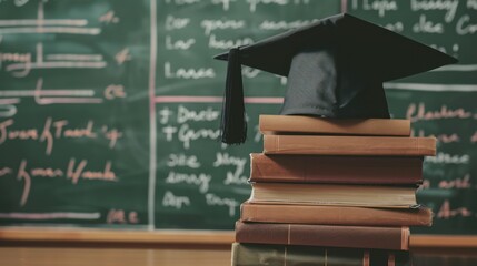 Graduation Cap on a Stack of Books in Front of a Chalkboard