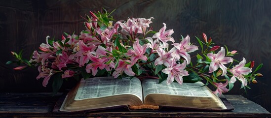 Poster - A symbol of renewal and new beginnings, spring flowers in front of an open bible provide a poignant copy space image.