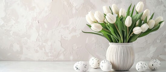 Wall Mural - Flat lay composition with white tulips in a vase and Easter eggs on a light background, ideal for copy space image.