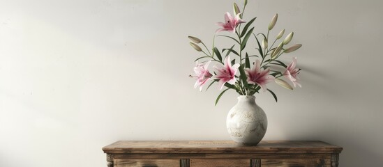 Aufkleber - Copy space image of a stunning lily bouquet in a vase on a chest of drawers beside a white wall.