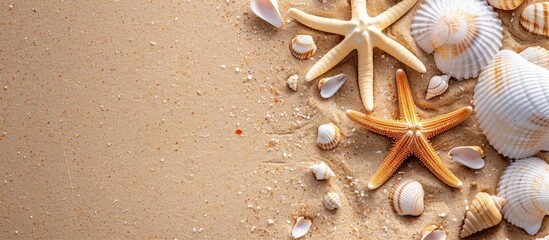 Poster - Flat lay arrangement featuring lovely starfish and seashells on sandy beach with copy space image.