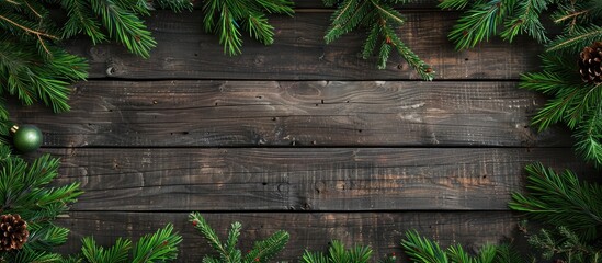 Poster - Wooden Christmas background adorned with fir branches and favorable for inserting an image in the blank space provided. copy space available