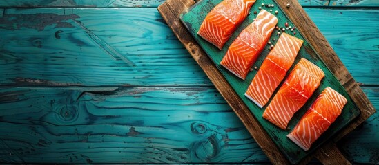 Fresh salmon slices, a raw ingredient for cooking healthy seafood, placed on a vintage cutting board against a turquoise wooden backdrop, with space for text or images. copy space available