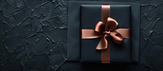 Poster - Gift box for Black Friday on black paper with silk ribbon, ideal for text placement as a flat lay image. copy space available