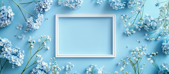 Poster - Creative flower arrangement with a light blue photo frame surrounded by pastel blue flowers on a soft blue backdrop. Viewed from above, providing copy space image.