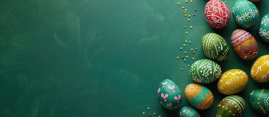 Canvas Print - Stock photo of Easter eggs on a green background with space for text or graphics. copy space available