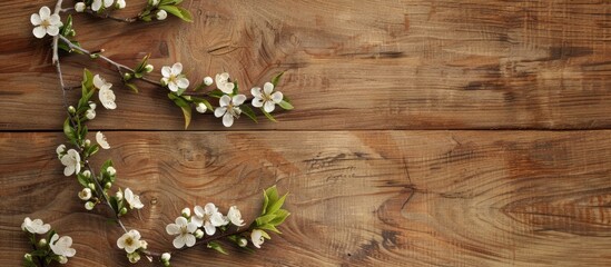 Apricot tree branch in bloom against a wooden backdrop with a clear copy space image.