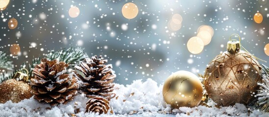 Poster - Snowy background with gold ornaments, pinecones, and copy space image for Christmas decoration concept.