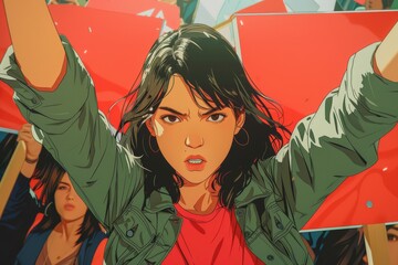 Comic book Anime illustration of of Women at a protest , holding signs and chanting, their faces showing determination and passion for the cause they believe in., woman empowerment concept