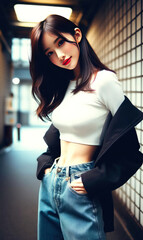 Wall Mural - beautiful Japanese girl, beautiful smile, white clothes, black jacket and pants light jeans. 5