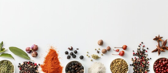 Collection of various Indian spices and herbs displayed on a white backdrop in a top-down view, offering ample copy space for food, vegetable, spice, and herb designs or other creative content.