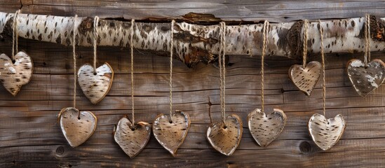 Poster - Birch bark hearts hanging on a vintage wooden backdrop, with copy space image.