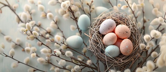 Poster - Easter greeting card featuring pastel colored eggs in a nest surrounded by pussy willow branches, creating a serene scene with copy space image.