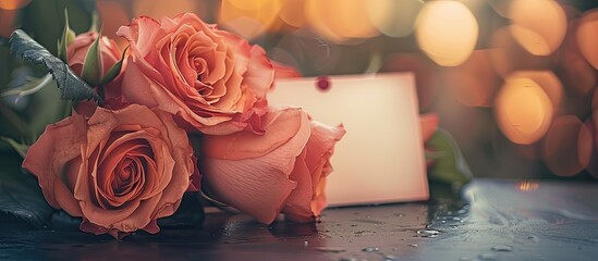 Poster - Toned photo with roses and a greeting card in the background, ideal for a copy space image.