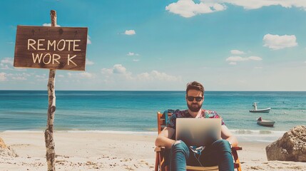 Canvas Print - Remote work concept image with a man working from the beach on his laptop computer and sign with written words