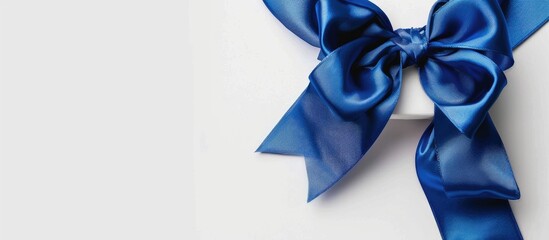 Poster - A present with a blue bow tied elegantly with a satin ribbon, set against a white backdrop with copy space image.
