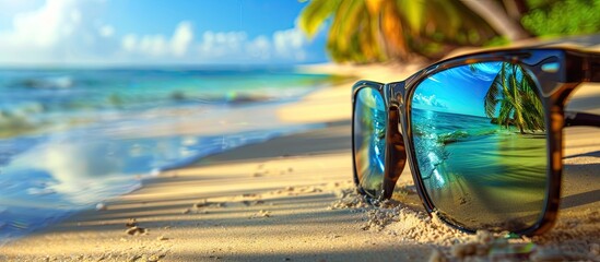 A summer travel banner illustrating a tropical beach vacation with a reflection in sunglasses of a sandy beach and palm trees; includes copy space image.