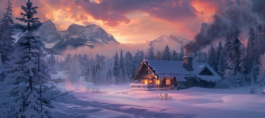 Poster - Rustic Cabin Exterior Blanketed in Soft Powder Snow, with Smoke Curling from the Chimney Against a Pink Sunset Sky