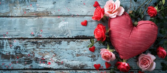 Leinwandbilder - Valentine's Day background with a red heart pillow and pink roses on a textured wooden surface, ideal for a postcard, featuring copy space image in a top view panorama.