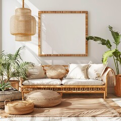 Wall Mural - Scandi-Boho Living Room with Mock-Up Frame: A 3D-rendered living room featuring rattan furniture in a Scandi-boho style