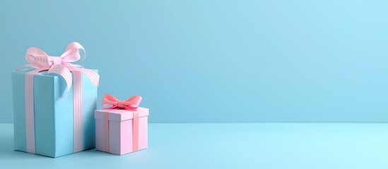 Poster - Minimalist photography showcasing two gift boxes in pink and blue hues on a serene blue backdrop with available space for text and a clean aesthetic, suitable for a copy space image.
