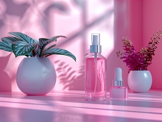 pink beauty products still life with plants and shadows