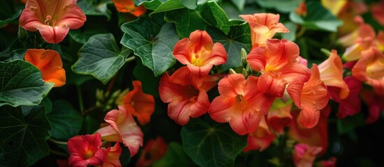 Poster - Close-up image of vibrant red and orange Trumpet vine flowers blooming against a backdrop of lush green leaves, offering ample copy space.