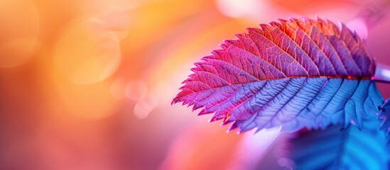 Wall Mural - Macro photo of a colorful flower leaf with a blurred background in copy space image.
