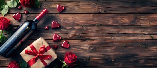 Aufkleber - Valentine's Day celebration with items like a bottle of wine, roses, hearts, and a gift on a wooden background with copy space image.