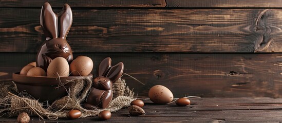 Canvas Print - Delicious Easter treats like chocolate bunny and eggs against a rustic backdrop with copy space image.