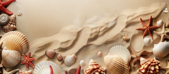 Poster - Seashells and starfish border on sandy summer background with ample copy space image.