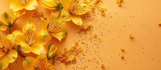 Aufkleber - High-quality photo of a festive, minimalist backdrop featuring yellow alstroemeria flowers, yellow sparkles, and a party concept, with ample copy space image.