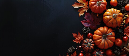 Wall Mural - Thanksgiving-themed 16x9 banner featuring pumpkins, autumn leaves against a black background with ample copy space image to create a festive autumn ambiance.