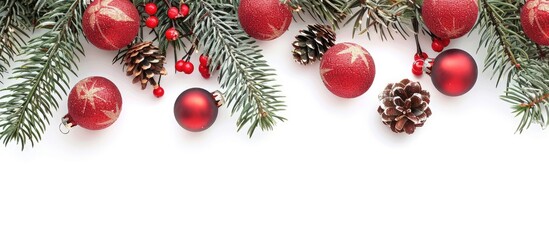 Aufkleber - A festive display of pine branches and Christmas balls against a plain white backdrop creates a charming copy space image.