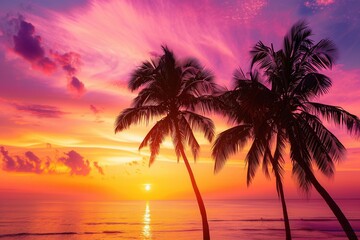 Aufkleber - A vibrant sunset paints the sky in hues of orange, pink, and purple as two palm trees stand silhouetted against the horizon on a serene tropical beach. Generative AI