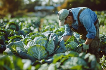 Wall Mural - Farmer harvesting cabbage Generative AI