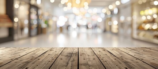 Aufkleber - Blurred abstract department store background with wooden counter for display, design or promotion with copy space image.