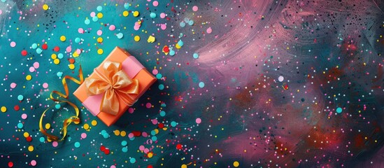 Poster - Festive gift box surrounded by vibrant colors, perfect for Christmas and New Year celebrations, with copy space image.
