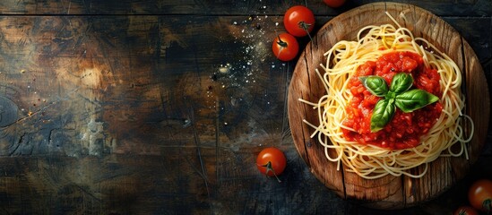 Italian spaghetti topped with rustic tomato pasta sauce, perfect for a meal. A top view showing the dish on a food-themed background with copy space image.