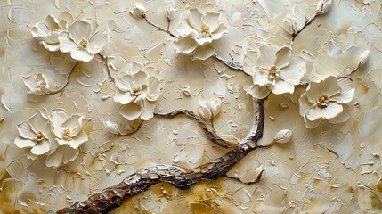 Poster - stucco painting, A white-flowered tree painting, textured