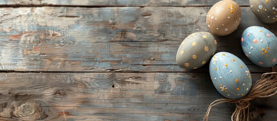 Aufkleber - Close-up view of Easter decorations with painted eggs on a wooden table with copy space image.