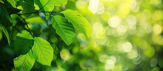 Leinwandbilder - Fresh green leaves in close-up on a blurred bokeh background in the park, offering ample copy space for an image.