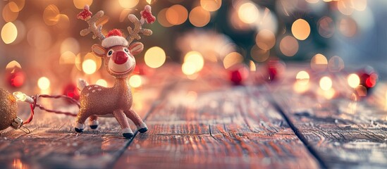 Poster - Festive Christmas backdrop featuring a toy reindeer as Santa Claus, a lit Christmas tree on a wooden table, close-up with empty space for text or images. copy space available