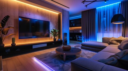 Wall Mural - Transform your living room into a contemporary entertainment hub with a smart TV and LED strips installed