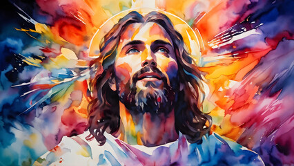 Abstract colorful art watercolor painting of Jesus Christ, praying to God, heaven and salvation, faith and love, easter, New Testament, Biblical theme concept
