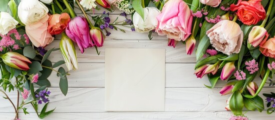 Poster - Celebrate Mother's Day with a stunning arrangement of flowers and an empty card, elegantly displayed on a white wooden table in a visually appealing flat lay copy space image.