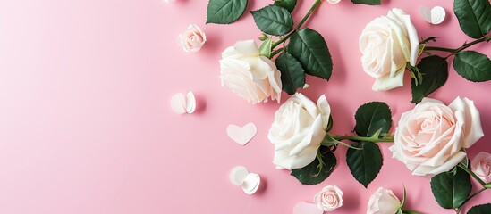 Leinwandbilder - Valentine's Day themed greeting card featuring lovely white roses, heart accent, atop pink paper. Top view arrangement with copy space image.
