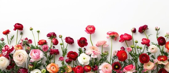 Wall Mural - A beautiful ranunculus bouquet displayed against a white backdrop with copy space image.