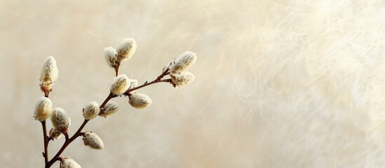 Wall Mural - Catkins on a willow branch against a soft spring backdrop for a copy space image.